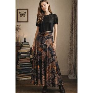 Vintage Patchwork Print Maxi Skirt – High Waist Boho Art Nouveau Size Small